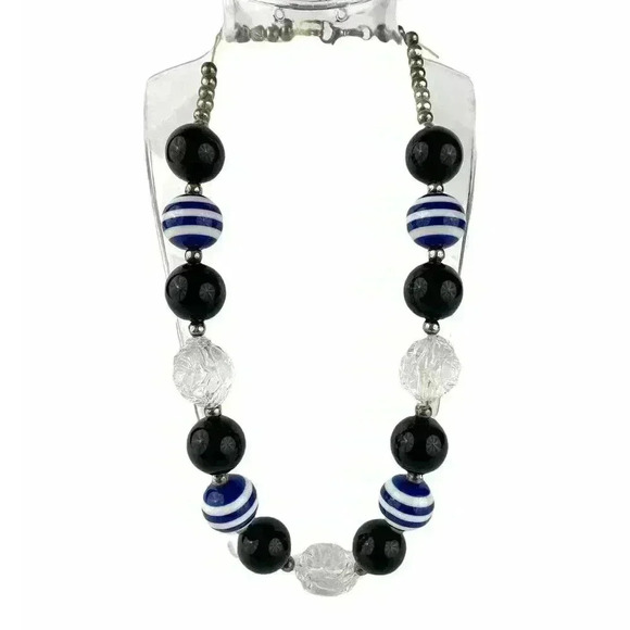 Round Chunky Big Lucite Bead Necklace Blue Black Clear Floral Design Silver Tone - Picture 1 of 8